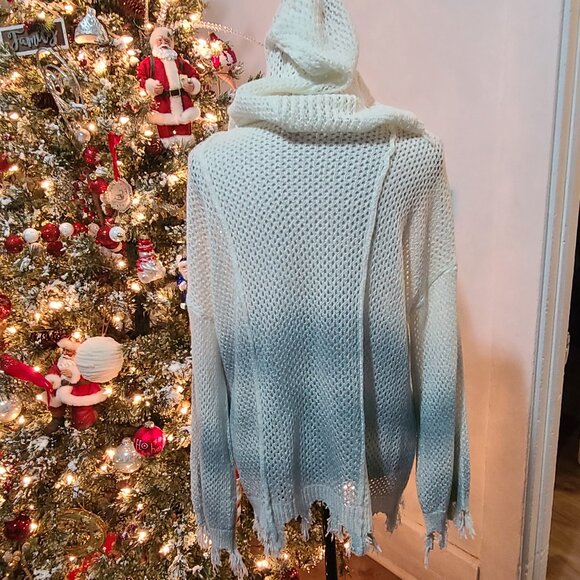 POL White & Blue Open Weave Hooded Sweater Laced Front Neckline Sz L Frayed Edge - Picture 5 of 6
